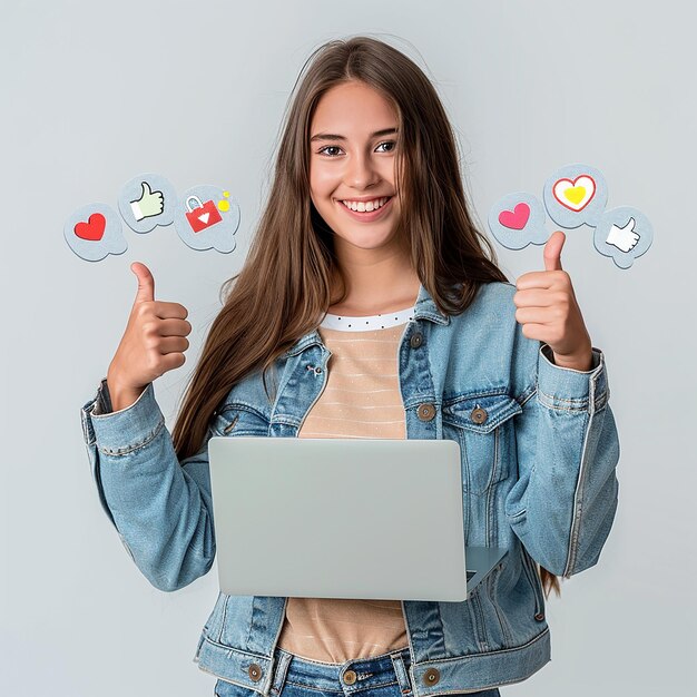 3d rendered photos of girl holding laptop thumb up pose icon of likes and thumb up plain background