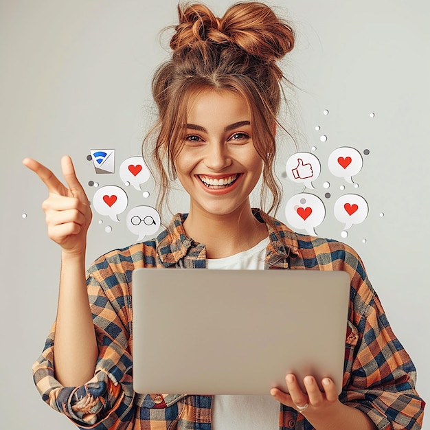 3d rendered photos of girl holding laptop thumb up pose icon of likes and thumb up plain background