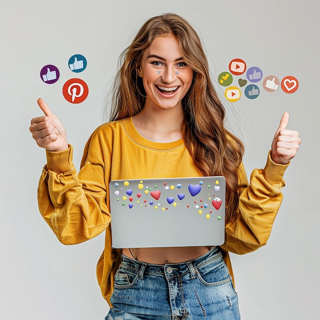 3d rendered photos of girl holding laptop thumb up pose icon of likes and thumb up plain background