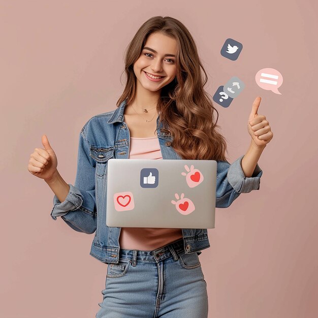 3d rendered photos of girl holding laptop thumb up pose icon of likes and thumb up plain background