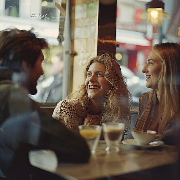 Foto foto renderizzate in 3d di un gruppo di amici seduti in un caffè.