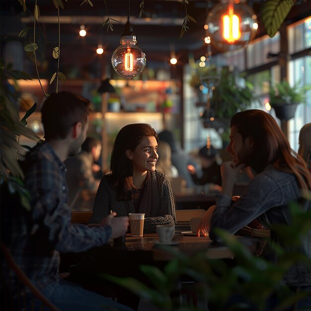 Photo 3d rendered photos of group of friends sitting in coffee shop beautiful cafe interior