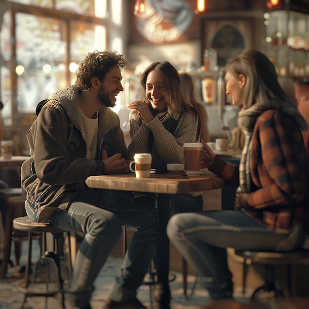 Photo 3d rendered photos of group of friends sitting in coffee shop beautiful cafe interior