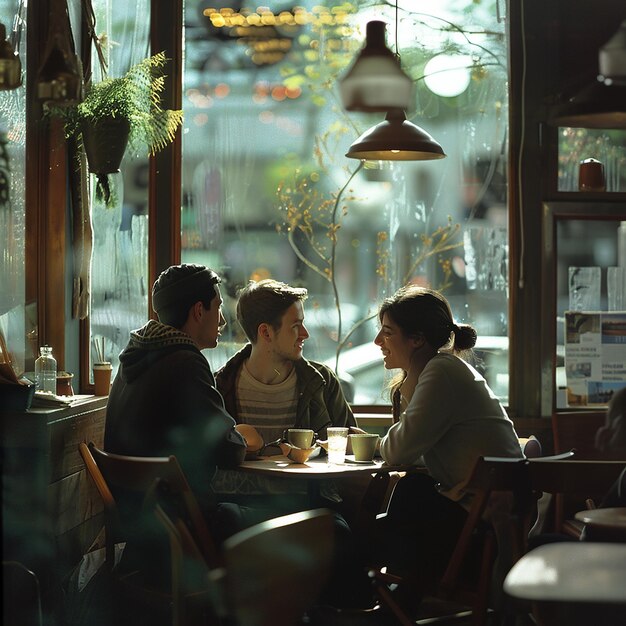 Photo 3d rendered photos of group of friends sitting in coffee shop beautiful cafe interior