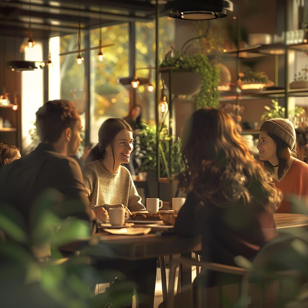 Photo 3d rendered photos of group of friends sitting in coffee shop beautiful cafe interior