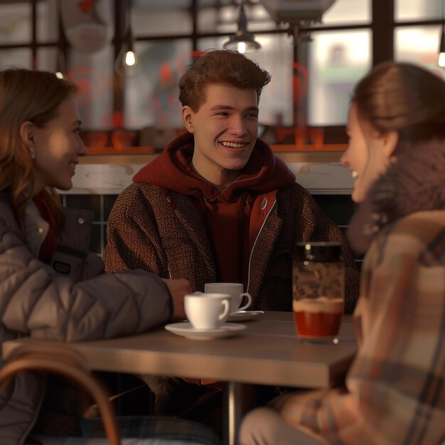 3d rendered photos of group of friends sitting in coffee shop beautiful cafe interior