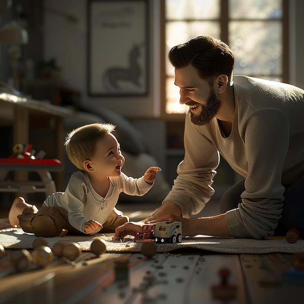 Foto foto renderizzate in 3d di un padre felice che gioca con il suo bambino in un ambiente di faccia felice iper-realista