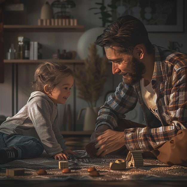 Foto foto renderizzate in 3d di un padre felice che gioca con il suo bambino in un ambiente di faccia felice iper-realista