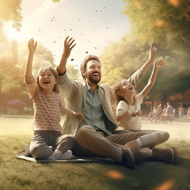 공원에서 즐거움을 누리는 행복한 가족의 3D 렌더링 사진