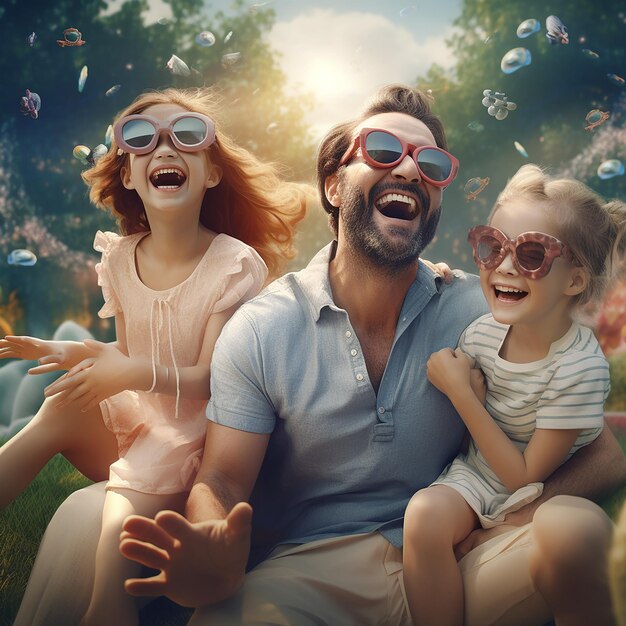 공원에서 즐거움을 누리는 행복한 가족의 3D 렌더링 사진