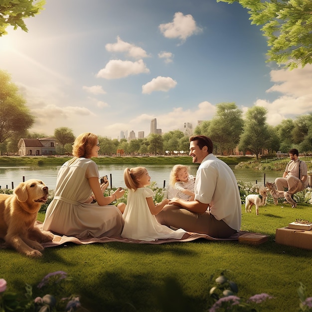 3d rendered photos of happy family enjoying in park
