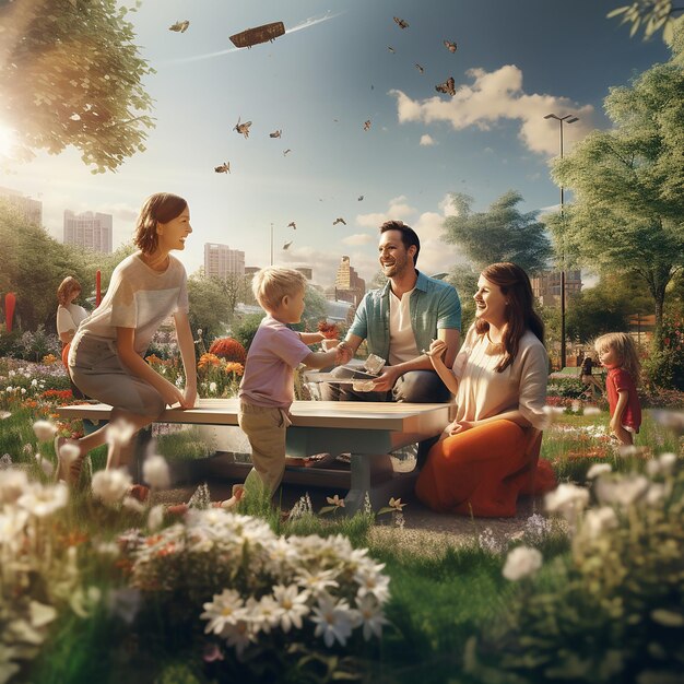 3d rendered photos of happy family enjoying in park