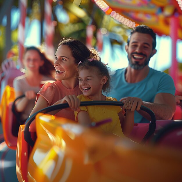 Foto foto 3d di una famiglia felice che si diverte in un parco divertimenti