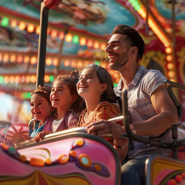 Photo 3d rendered photos of happy family having fun in amusement park