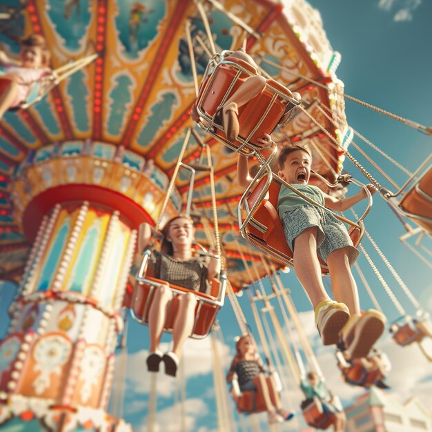 3d rendered photos of happy family having fun in amusement park