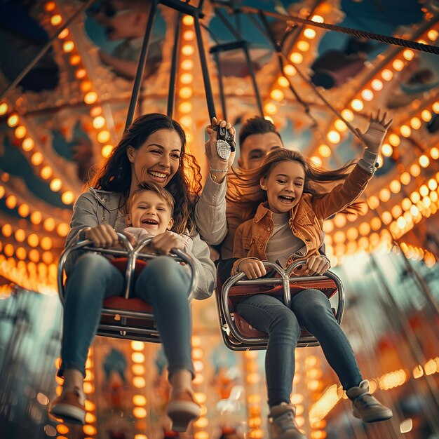 Foto foto 3d di una famiglia felice che si diverte in un parco divertimenti