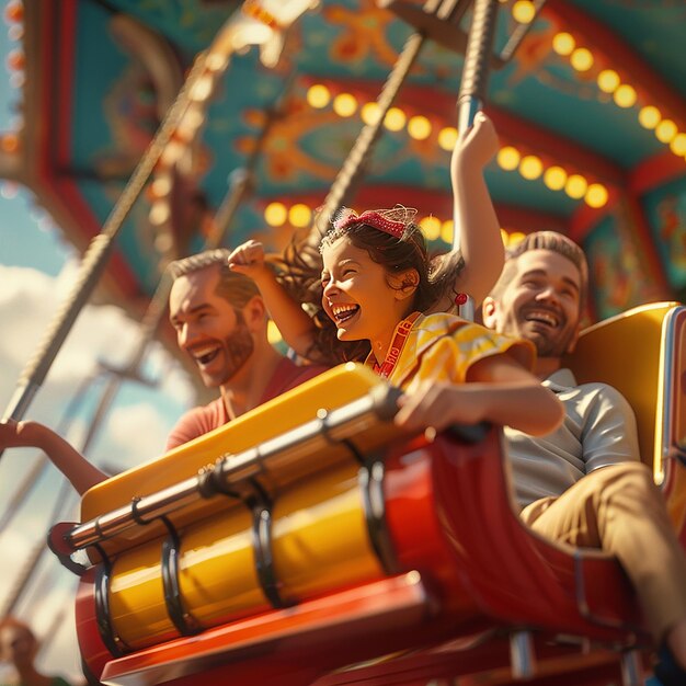 Photo 3d rendered photos of happy family having fun in amusement park