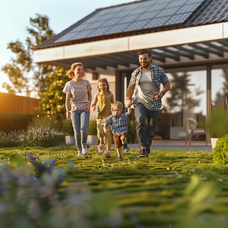 3d rendered photos of happy family running towards camera green lawn and modern house in background