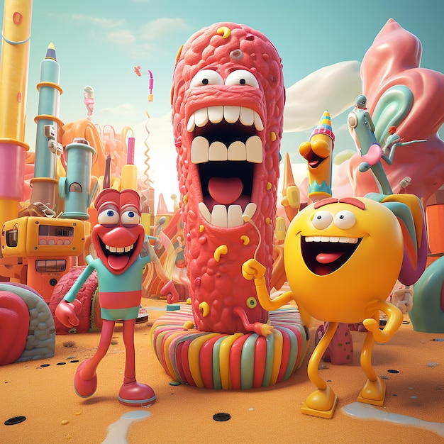 Photo 3d rendered photos of happy groovy cartoons