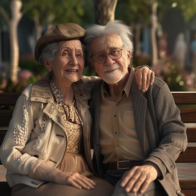 Foto foto renderizzate in 3d di una coppia di vecchi sposati felici. un buon esempio di vita matrimoniale felice.