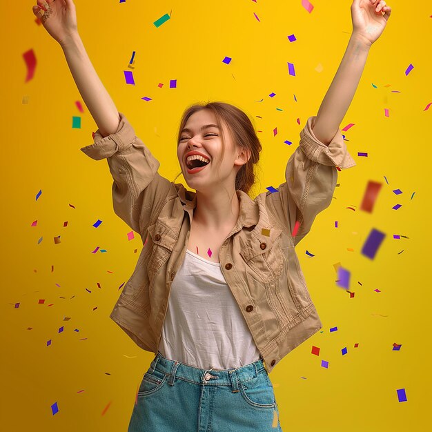 Foto foto in 3d di una giovane donna felice che celebra il suo successo, sfondo semplice, ritratto in studio