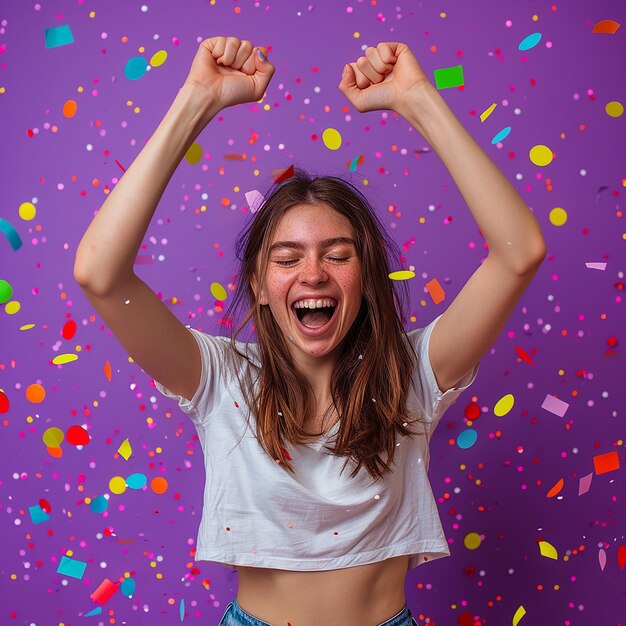 Foto foto in 3d di una giovane donna felice che celebra il suo successo, sfondo semplice, ritratto in studio