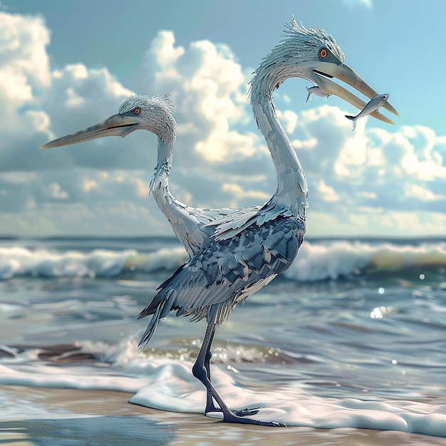 3d rendered photos of heron on seashore having fish in beak close view with oceanic background