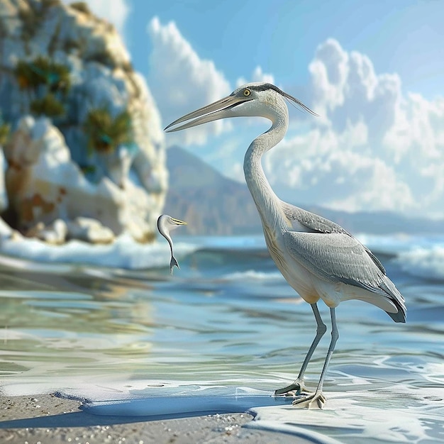 3d rendered photos of heron on seashore having fish in beak close view with oceanic background