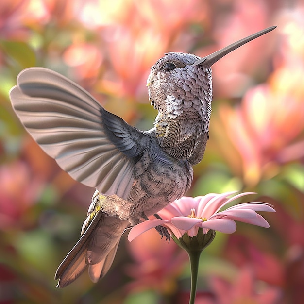 Photo 3d rendered photos of a humming bird standing still with opened feathers around a flower