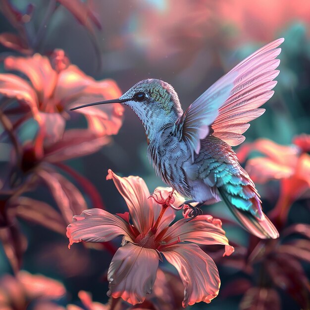 3d rendered photos of a humming bird standing still with opened feathers around a flower