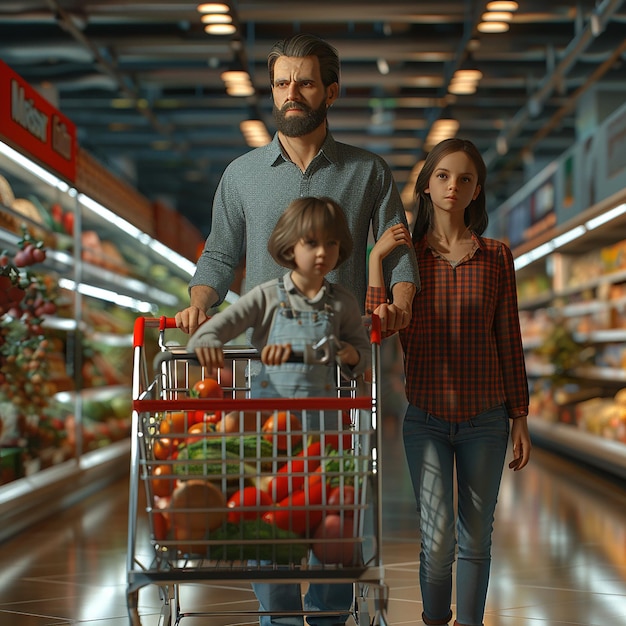 Foto foto renderizzate in 3d di marito, moglie e figli che fanno shopping in un supermercato.