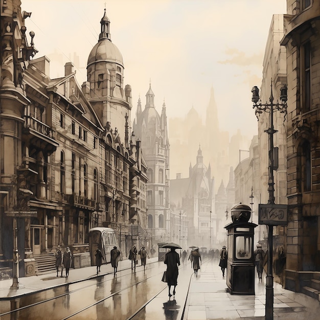 3d rendered photos of Image london street view in the style of beige stanisaw szukalski ink wash