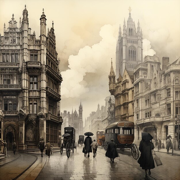 3d rendered photos of Image london street view in the style of beige stanisaw szukalski ink