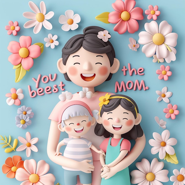 3d rendered photos of kids hand writing youre the best MOM a cute hand drawing of mother and kid