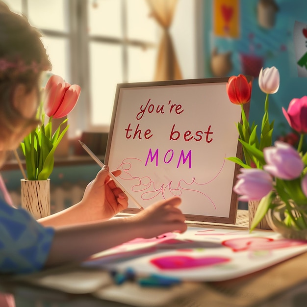 3D 렌더링된 아이들의 손으로 쓴 사진 You're the Best MOM 엄마와 아이의 귀여운 손으로 그린 그림