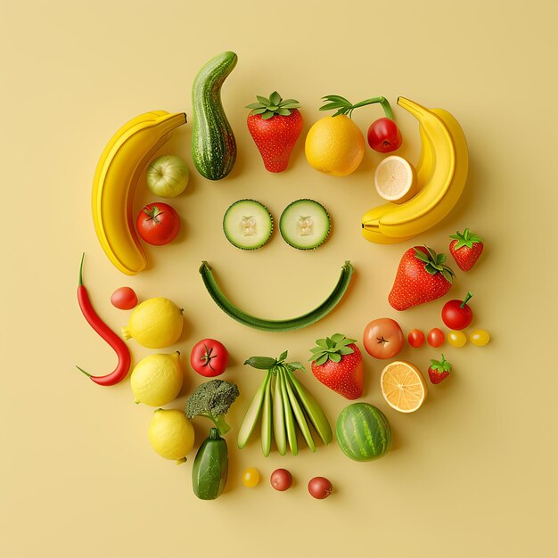 Photo 3d rendered photos of knolling that creates a smiley face of fruit and vegetables minimalist