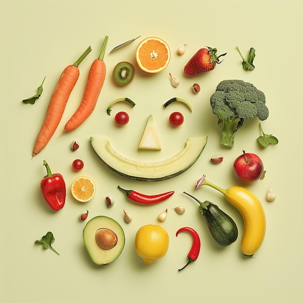 3D рендеринговые фотографии, которые создают улыбающееся лицо фруктов и овощей