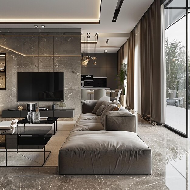 3d rendered photos of luxurious living room with an open kitchen and tv area is extra luxury space