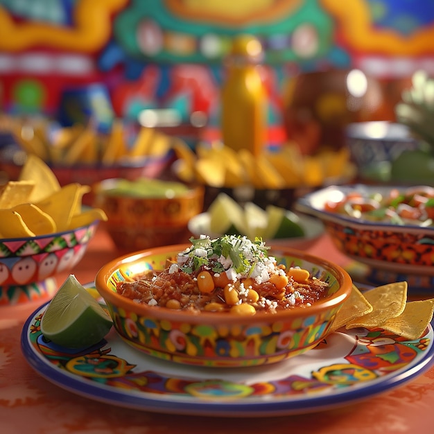 Foto foto renderizzate in 3d di cibo tradizionale messicano servito in un ristorante in stile messicano