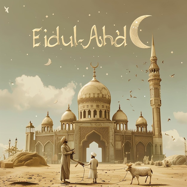 3d rendered photos of a mosque Muslim man with goat written EID ul ADHA on picture moon on top