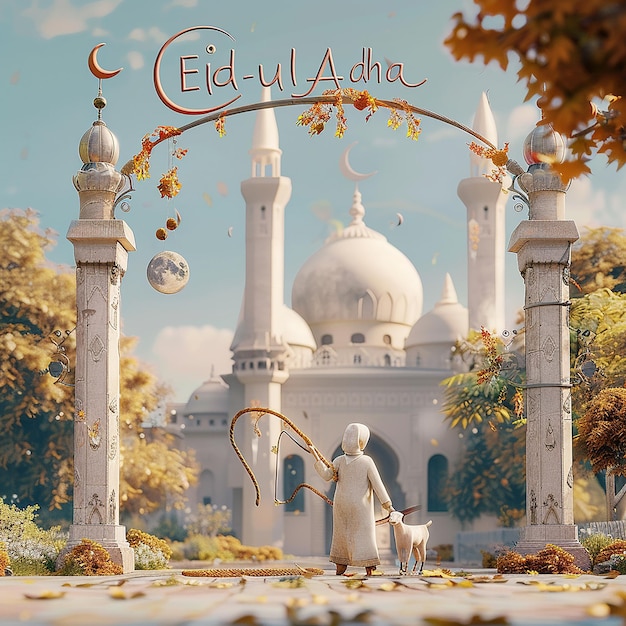 3d rendered photos of a mosque Muslim man with goat written EID ul ADHA on picture moon on top