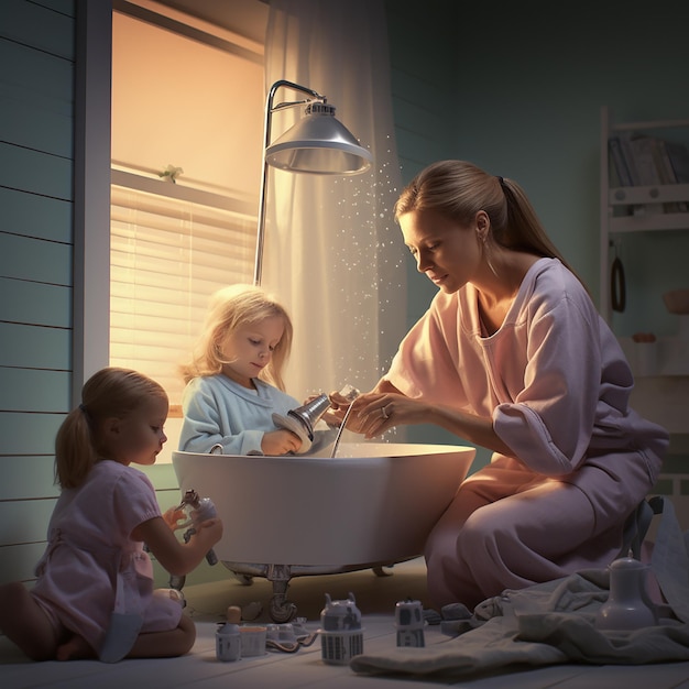 3D レンダリング 母親が子供の世話をする写真