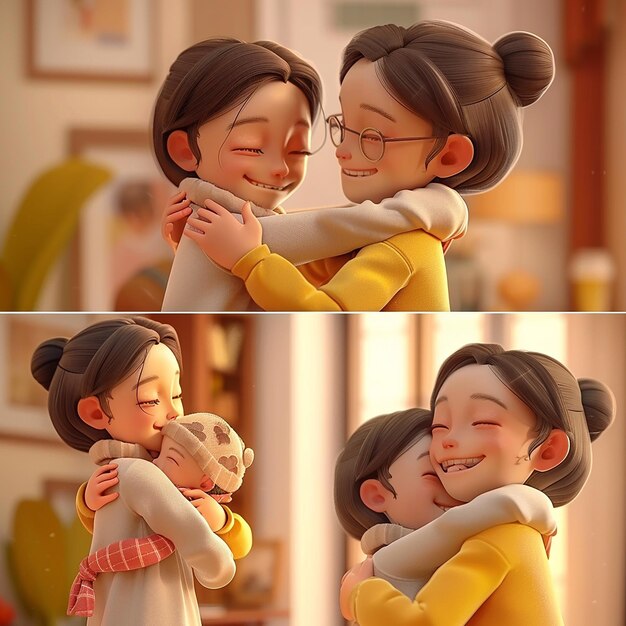 Photo 3d rendered photos of mother warmly hugging her daughter or son mother child love full picture