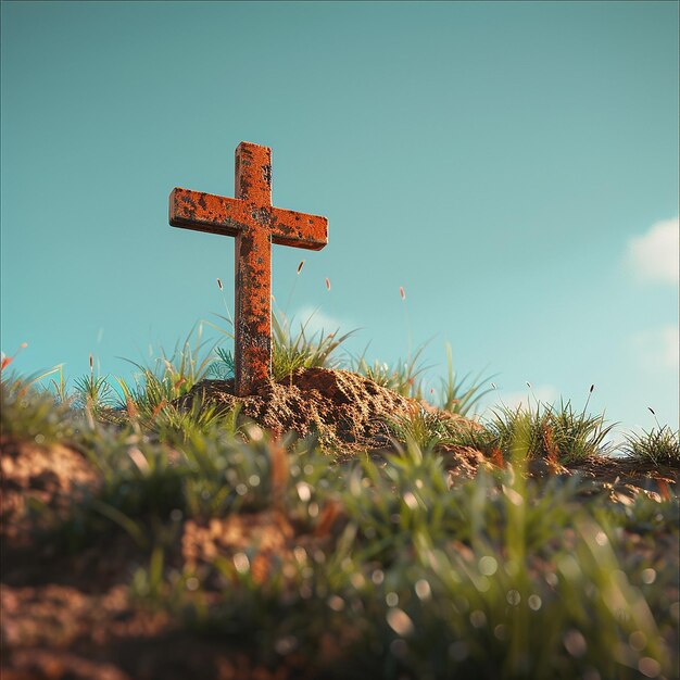 Фото 3d рендеринговые фотографии креста с оранжевыми деталями под холмом с зеленым травом на заднем плане синий