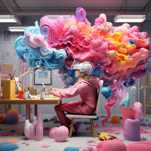 Фото 3d rendered photos of artist making art with vibrant colors