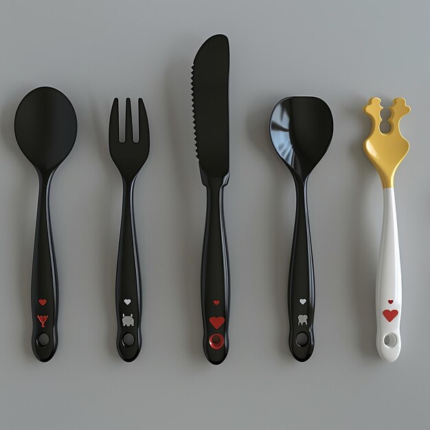 사진 3d rendered photos of cartoon cutlery of different cartoon shapes on handle low poly