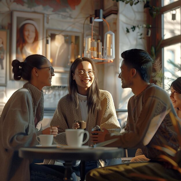 사진 커피에 앉아있는 친구 그룹의 3d 렌더링 사진 아름다운 카페 인테리어