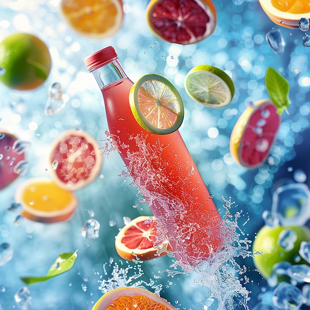 Фото 3d-рендеринговые фотографии бутылки сока, слегка плавающей с кусочками фруктов