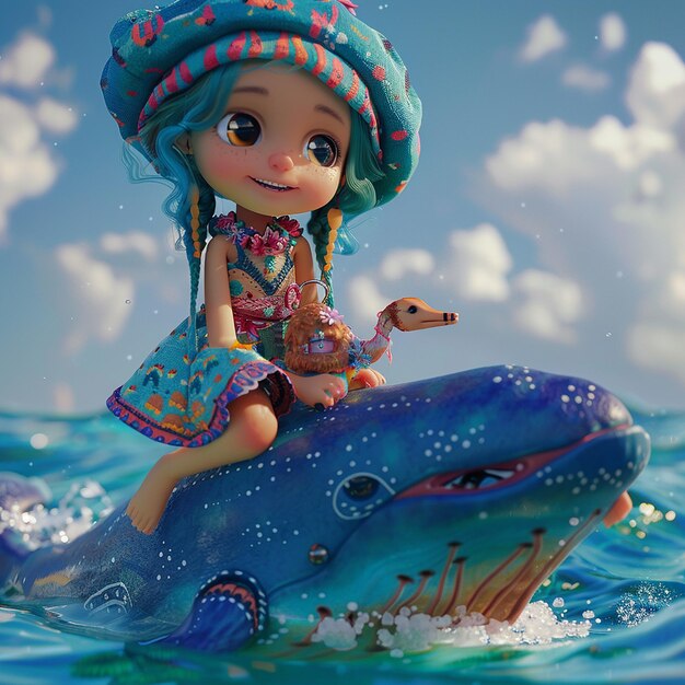 Foto 3d rendered photos of little girl wears dress and cap 3d styled animation sitting on whale 8k photo