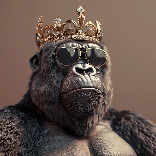 Фото Реалистичные фотографии гориллы в солнцезащитных очках и королевской короне.